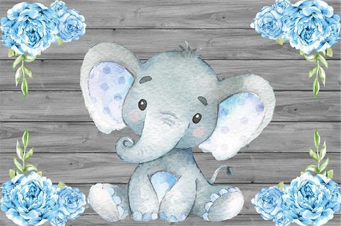AOFOTO 12x10ft Elephant Rustic Grey Wooden Backdrop for Boy Baby Shower Watercolor Blue Floral Cartoon Animal Gender Reveal Photography Background It's a Boy Newborn Kids Birthday Party Decoration