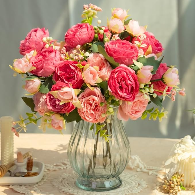 Artificial Peonies Silk Flowers in Glass Vase Faux Flowers Bouquets Modern Penoy Arrangement 4 Pack for Home Decoration Table Centerpiece (Rose Red)