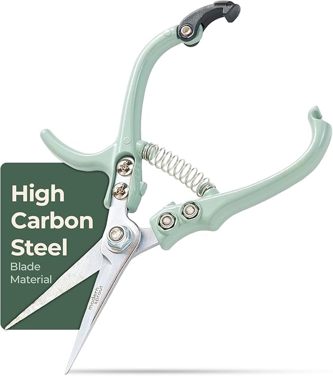 Modern Sprout Pruning Shears, Herb Snipping Scissors, Lightweight Gardening Tools W/Easy Lock, Flower Cutter Garden Shears, Carbon Steel Blade + Reusable Holster (Green, 1-Pack)