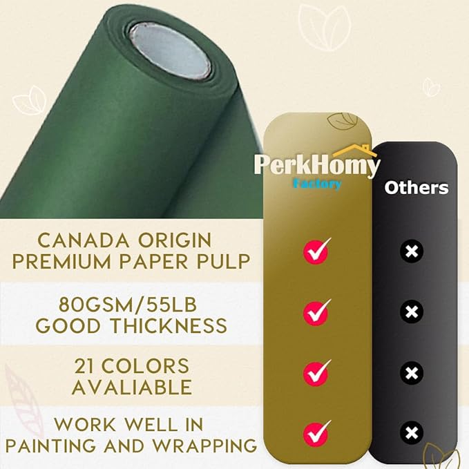 PerkHomy Dark Green Kraft Paper Roll 48" x 1,800" (150') for Gift Wrapping Bouquet Flower Art Painting Craft Writing Packaging Shipping 80GSM 55LB (Dark Green, 48" x 150')