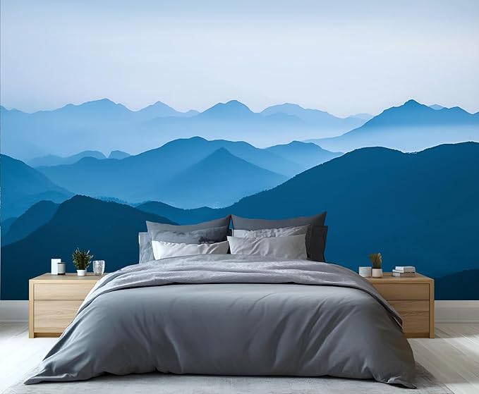 Minimalist Blues Mountain Wall Mural, Misty Layered Hills 3D Wall Murals, Serene Misty Mountains Wallpaper Mural, for Living Room Bedroom Large Wallpaper Indoor Decor 98.4" W x68.9 H