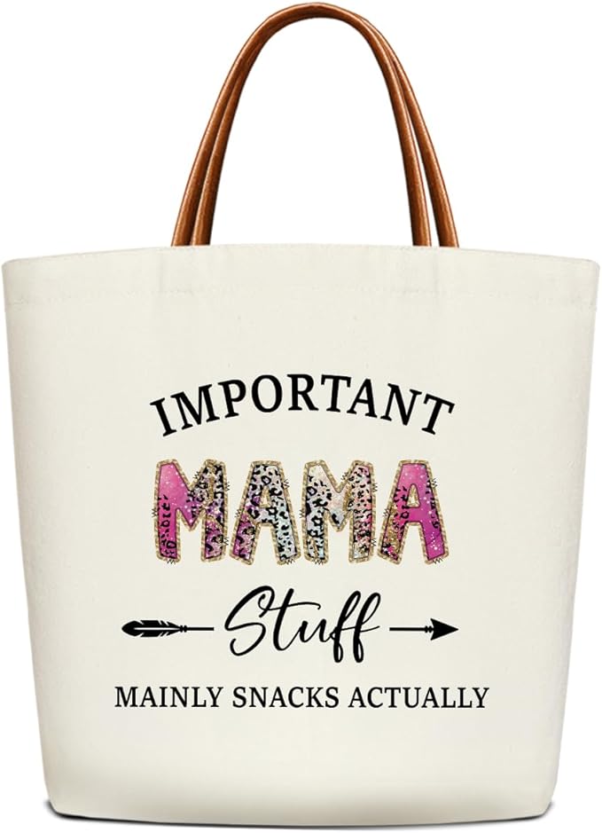 Canvas Tote Bag for Women, Important Stuff Bag with Leather Handle, Reusable Grocery Bags for Shopping Beach Travel