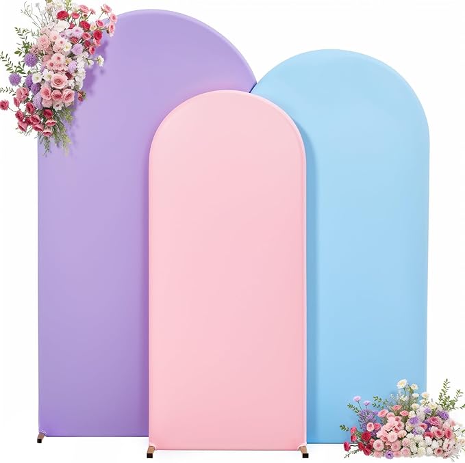 Rainbow Arch Backdrop Cover 7.2FT 6.6FT 6FT Stretchy Wedding Arch Covers Set of 3 Spandex Fitted Pink Blue Lavender Fabric Backdrop Cover for Party Baby Shower Birthday Decoration