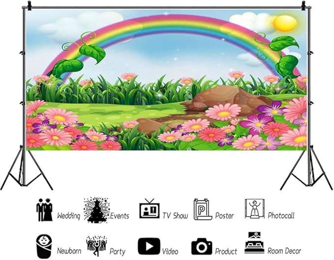 AOFOTO 20x10ft Cartoon Spring Flowers Rainbow Backdrop Meadow Sweet Floral Blossom Sky Sun Enchanting Garden Scenery Background for Kids Baby Shower Birthday Party Decor Wallpaper Photoshoot Props