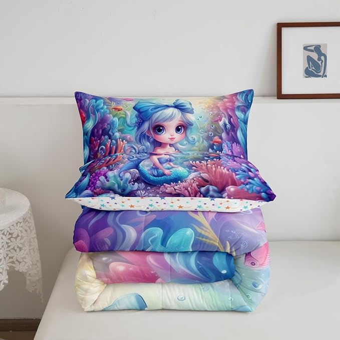 Cute Mermaid Comforter Set King Size,Beautiful Mermaid Fairy Tale Reversible Bedding Set All Season Quilt Set,Watercolor Coral Cartoon Undersea World Microfiber Polyester Down Comforter
