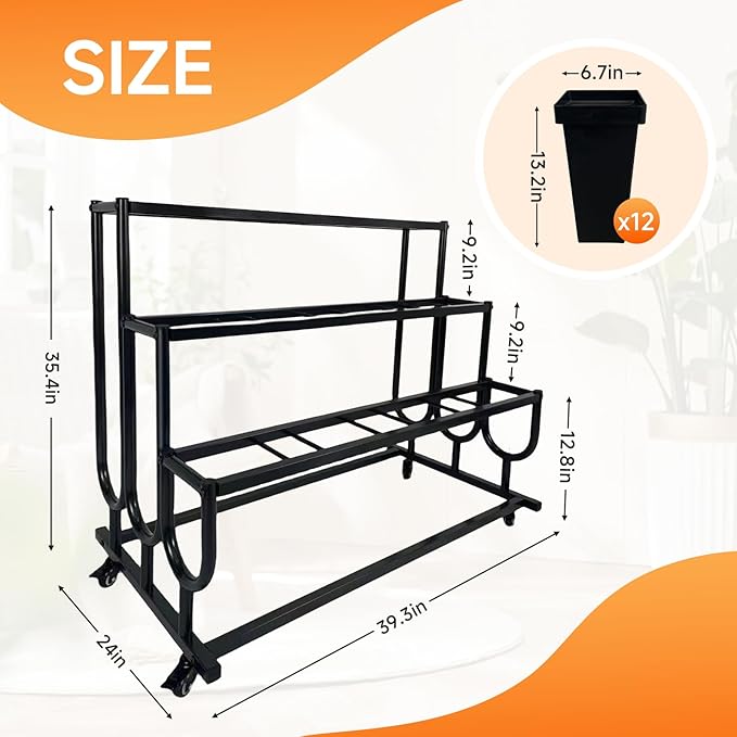 3-Tier Movable Plant Cart - Heavy Duty Flower Rack with 12 Buckets - Perfect for Shops, Homes, Cafes, and Offices（Black）