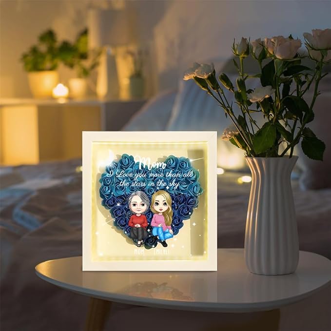 Personalized Mom Flower Shadow Box with LED Light Custom Heart Shaped Rose Flower Shadow Box Frame I Love You More Than All The Stars in The Sky Mother's Day Portrait Shadowbox Memory Gifts for Mom