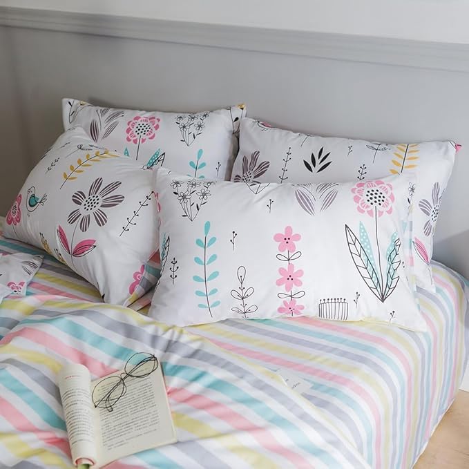 Boho Floral Duvet Cover Full Girls Floral Print Bedding Sets Garden Style Aesthetic Duvet Cover Cotton Floral Comforter Cover Kids Girls Kawaii Bedding Collections Birds Flower Comforter Cover Full