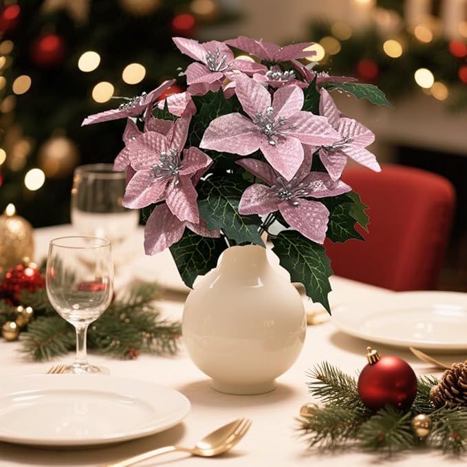 6 Pack Pink Christmas Artificial Poinsettia Flowers Faux Poinsettia Bush Bouquets Silk Poinsettia Christmas Tree Ornaments Poinsettia Flower Arrangement for Home Decor