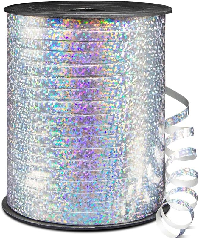 500 Yards Shiny Metallic Silver Curling Ribbon with Spool, 1/5" Holographic Curly Ribbons - Perfect for Gift Wrapping, Florist Flowers, Birthday Party Decorations, Balloon String