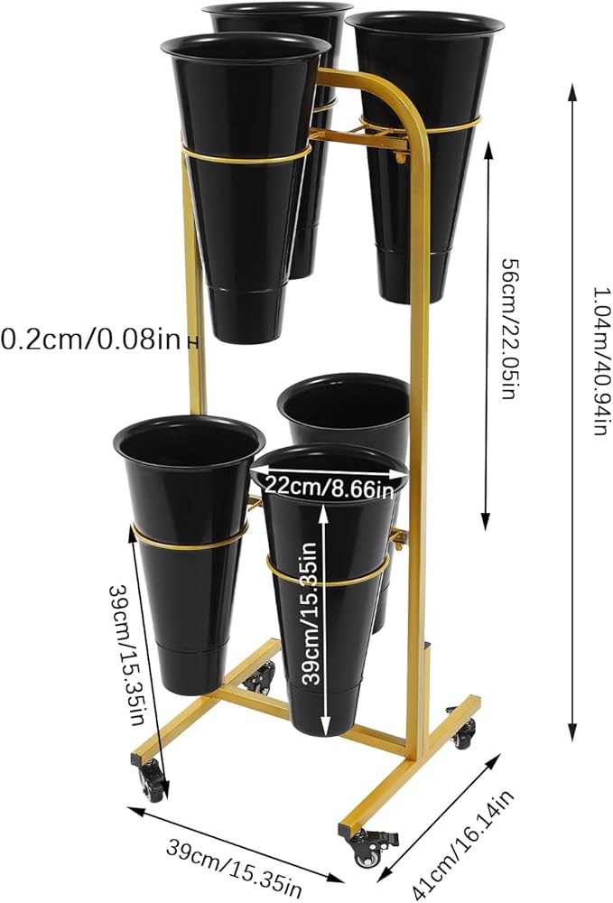 Flower Display Stand with 6 Buckets, Moving Plant Cart Shelf With Wheels and Bucket, Iron Florist Shelf, Indoor Outdoor Flower Rack for Home Patio Balcony (Black)