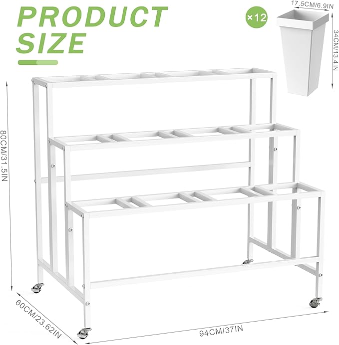 Flower Display Stand with 12 Buckets, Flower Cart 3 Layers White Metal Flower Bar Stand with Wheels, Moving Florist Bouquet Shelf for Weddings Florist Indoor Outdoor Patio Garden Living Room