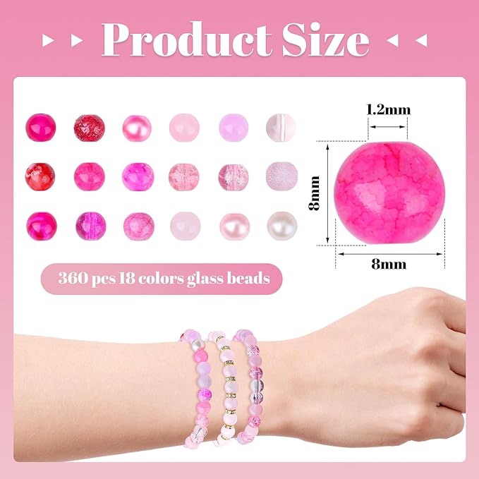 DUQGUHO 8mm Pink Beads for Jewelry Making Pink Glass Beads for Crafts Rose Glass Round Beads 16 Colors Beads for Bracelets, Necklaces & DIY Crafts 360PCS