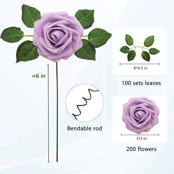 JOYLEX Artificial Flowers Realistic Roses, Real Looking Fake Roses with Stem for DIY Wedding Bouquets Centerpieces Bridal Shower Party Home Romantic Decorations (Light Purple, Regular 3" - 200pcs)