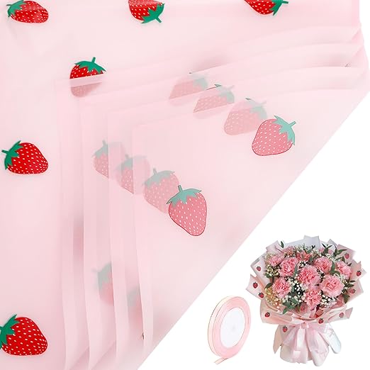 20 Sheets Bouquet Wrapping Paper, 22.4Inch Pink Strawberry Pattern Flower Floral Wrapping Paper Pink Floral Paper for Bouquets Kit, Waterproof Decorations with Ribbon for DIY Crafts Wedding Birthday Party