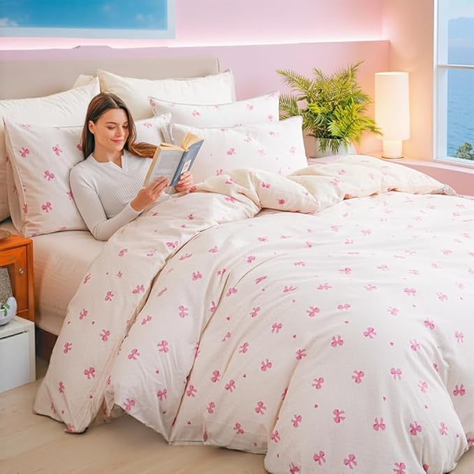 Pink Bow Duvet Cover Set Queen 100% Nature Cotton Duvet Cover 3 Pcs Girls Cute Comforter Cover with Zipper Closure Ultra Soft Breathable Bedding Set for All Seasons