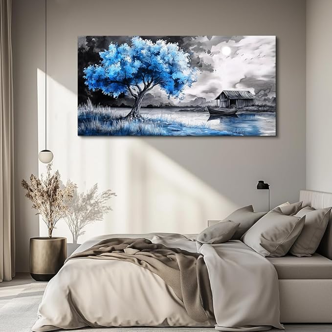 PHAOHUAXM Wall Art For Living Room Large Wall Decor For Bedroom Black White And Blue Trees Wall Pictures Artwork Restaurant Office Frame Printing Canvas Artwork Modern Home Decor Aesthetic 24x48 in