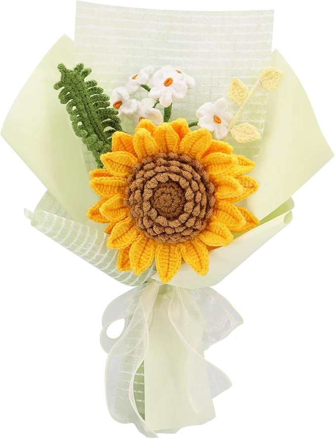 Crochet Flowers Finished Bouquet Crocheted Cotton Thread Flowers, Handmade Crochet Rose Tulip Fern Leaf as a Gift for Lover, Friends. Artificial Flower (Yellow)