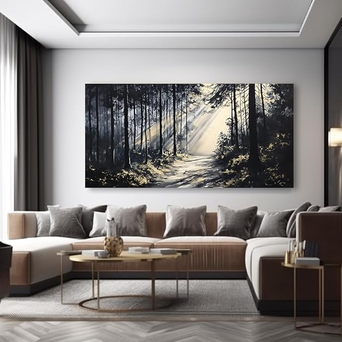 LAVIKARS Rustic Sunlight Forest Wall Art for Living Room Office Black and White Modern Landscape Canvas Painting Prints Large Nature Artwork Home Kitchen Bedroom Decor (16x30 Inches)