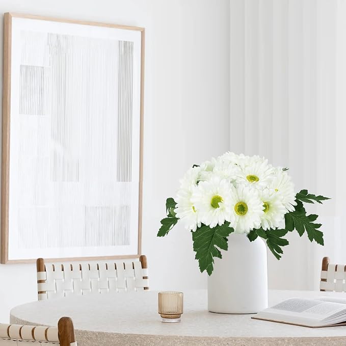 IPOPU 2 Bundles Artificial Gerbera Daisy Flower 14 Heads White Fake Chrysanthemums with Stems Faux Silk Daisy Flower for Wedding Bridal Bouquet Floral Arrangements Home Table Centerpiece Decor (White)
