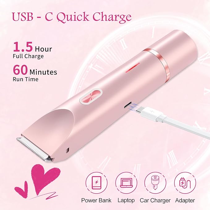 2025 New 2 in 1 Bikini Trimmer for Women, Bikini Shaver with Dual Head, Painless Smooth Shave & Gentle Pubic Hair Removal, Cordless & IPX7 Waterproof Electric Trimmer for Sensitive Skin (Pink)