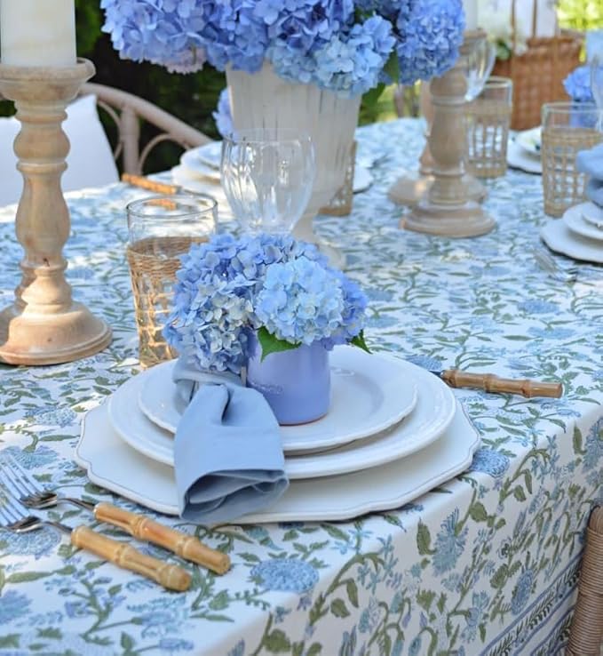ATOSII Mahoka Blue 100% Cotton Rectangle Spring Tablecloth, Handblock Floral Linen Table Cloth for Kitchen Dining Table I Parties Weddings Outdoors Easter Home Decor 72 X 140 Inches I 12 Seater