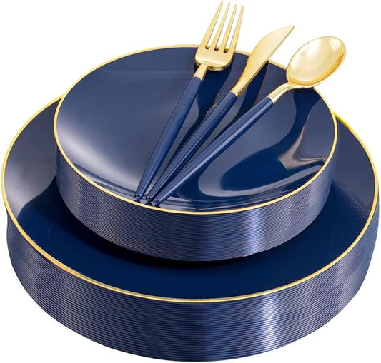 Liacere 150PCS Blue Plastic Plates - Gold Plastic Silverware with Blue Handle - Navy Disposable Plates Include 30 Guests Plates,Forks,Spoons,Knives for Hanukkah & New Year & Hanukkah