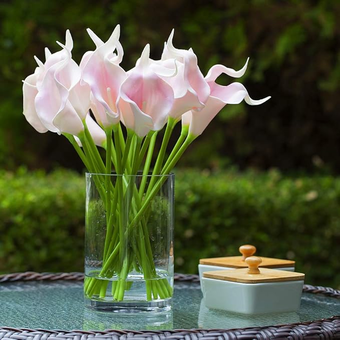 ENOVA HOME 20 Pieces Artificial Real Touch Lilies Flower Arrangement in Glass Vase with Faux Water for Home Decoration (Pink)
