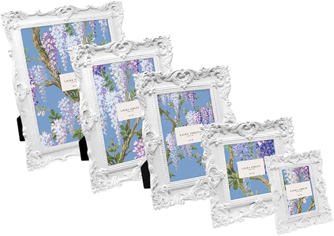 Laura Ashley 4x4 White Ornate Textured Hand-Crafted Resin Picture Frame with Easel & Hook for Tabletop & Wall Display, Decorative Floral Design Home Décor, Photo Gallery, Art, More (4x4, White)