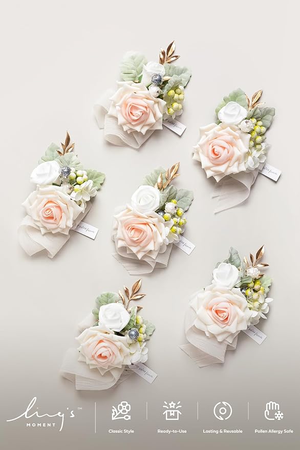 Ling's moment 6pcs Wedding Wrist Corsage Artificial Flowers, Girl/Mother Homecoming Prom Corsages Wristlet Décor, etc. Peach Pink