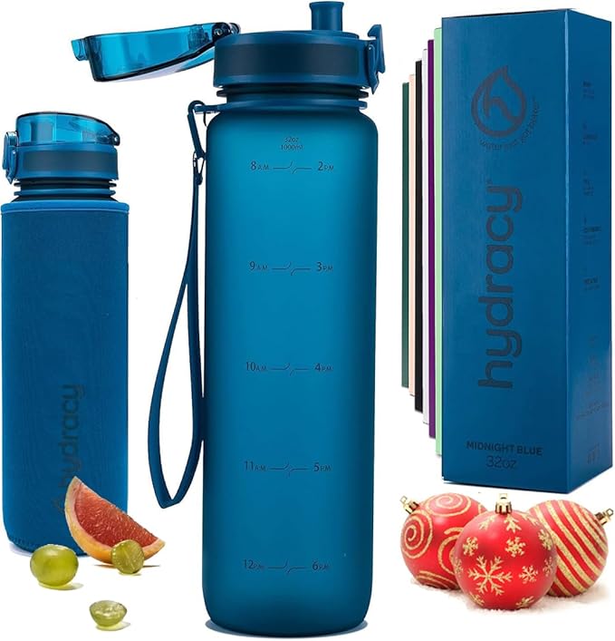 Hydracy Water Bottle with Time Marker -Large BPA Free Water Bottle & No Sweat Sleeve -Leak Proof Gym Bottle with Fruit Infuser Strainer & Times to Drink -Ideal for Fitness Sports & Outdoors