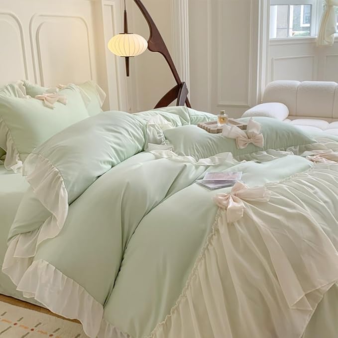 Girls Lace Bedding, Queen Comforter Cover Set, Chic Ruffled Duvet Cover with Lovely Bow,Princess Style 1 Duvet Cover with 2 Pillowcases, No Comforter-Green,Queen Size