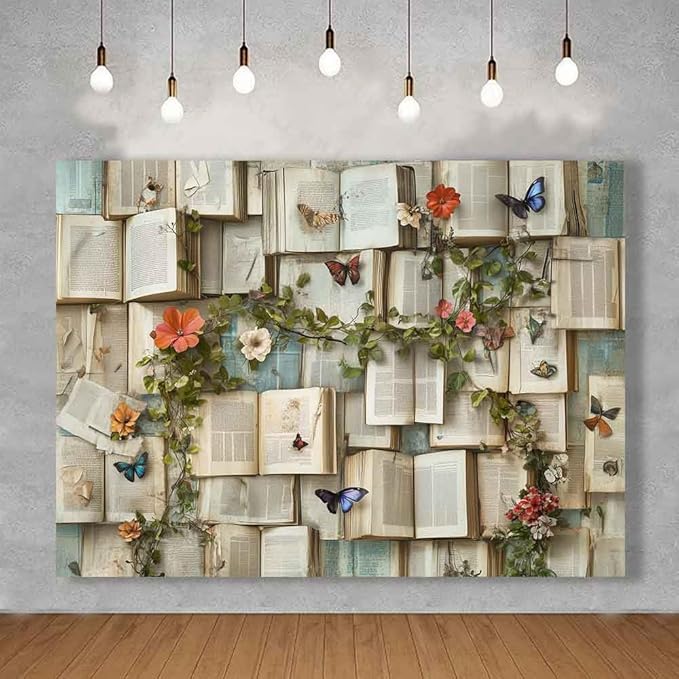 7x5ft Books Theme Photo Backdrop Flowers Bookshelf Backdrop Floral Theme Book Photography Background Girls Party Decorations Kids Newborn Birthday Baby Shower Photo Studio Props KUBYW003