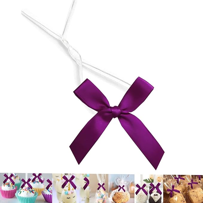 50 Pack 3" Ribbon Twist Tie Bows, Pre Tied Bows for Gifts, Bow Ties for Bags, Twist Bows for Treats, Bow Twist Ties, Bows with Twist Ties, Pretied Bows for Lollipops, Cake Pops(Dark Purple)