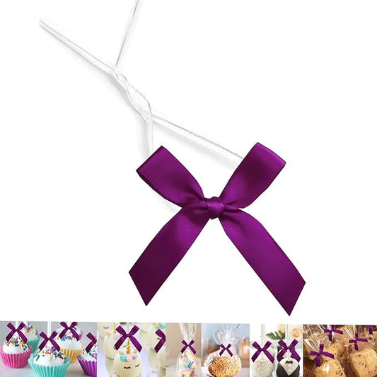 50 Pack 3" Ribbon Twist Tie Bows, Pre Tied Bows for Gifts, Bow Ties for Bags, Twist Bows for Treats, Bow Twist Ties, Bows with Twist Ties, Pretied Bows for Lollipops, Cake Pops(Dark Purple)