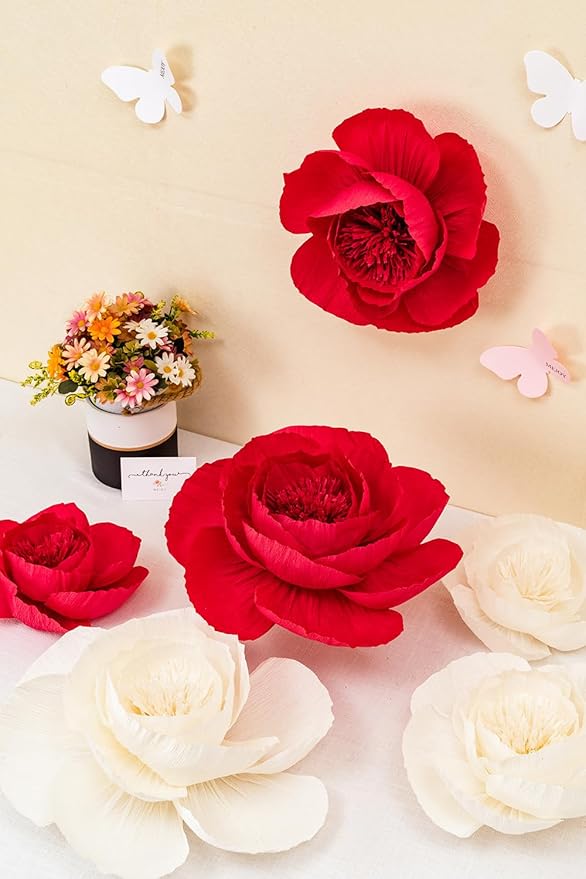 6 pcs 3D Paper Flower Decoration for Party, Wedding Decoration, Background Wall, Nursery Room Decoration, Bridal Shower, Baby Shower (Red,Set/6)