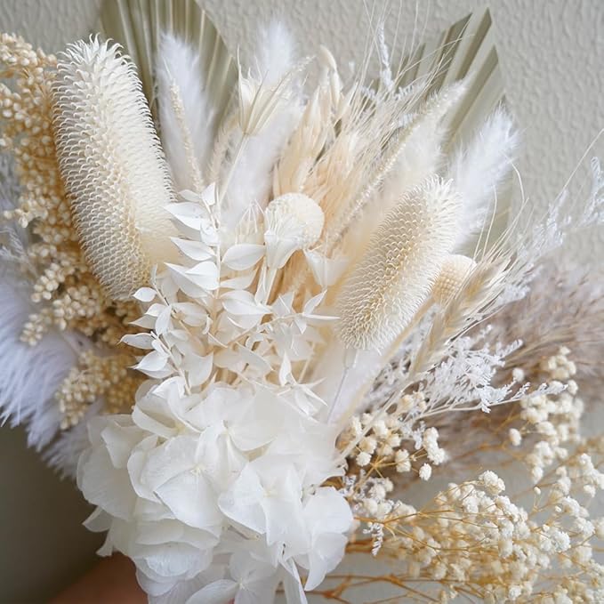 Natural Dried Pampas Dried Flower Bouquet, 17 "White Dried Fowers Bouque, Palm Leaf and Hydrangea Combination Bouquet, Boho Home Decor,Suitable for DYI Decorative Dried Flower Arrangements
