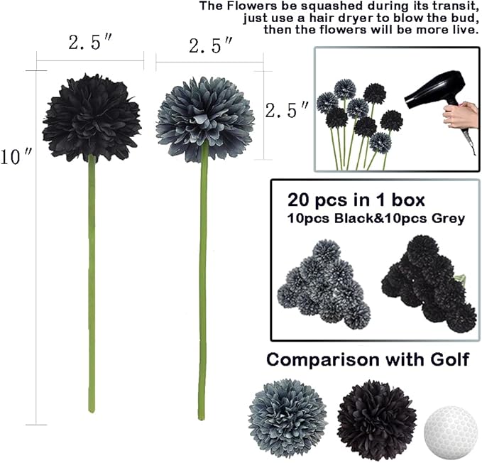 20Pcs Artificial Fake Flower Plants Silk Chrysanthemum Ball Hydrangea Arrangements Wedding Bouquets Decor Home Kitchen Garden Party Table Floral Centerpieces DIY (Black&Grey)