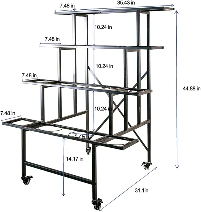 Zhongma 4 Tier Metal Flower Display Stand with 16pcs Plastic Buckets for Fresh Flowers Heavy Duty Garden Cart Moving Flower Bucket Stand with Wheels