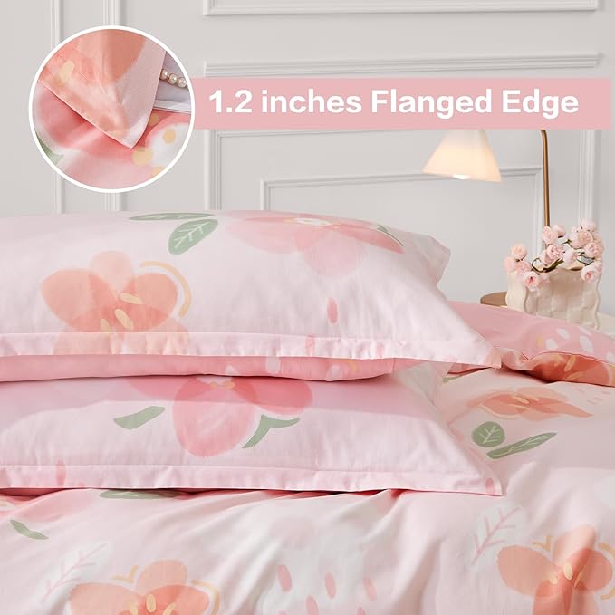SAPHREAS Pink Floral Duvet Cover Set 3pcs King Size Botanical Blossom Flower Pattern Bedding Comforter Cover Set 100% Cotton 1 Duvet Cover 104"x90" 2 Pillow Shams, Comforter Not Included