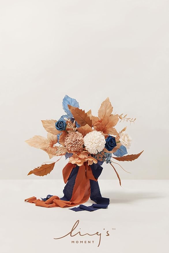 Ling's moment Artificial Flowers Orange & Navy Bridesmaid Bouquet Set of 6, Orange Wedding Flowers Bouquets for Bridesmaids, 7 Inch Bridal Bouquets for Bridesmaids, Wedding, Decor, etc