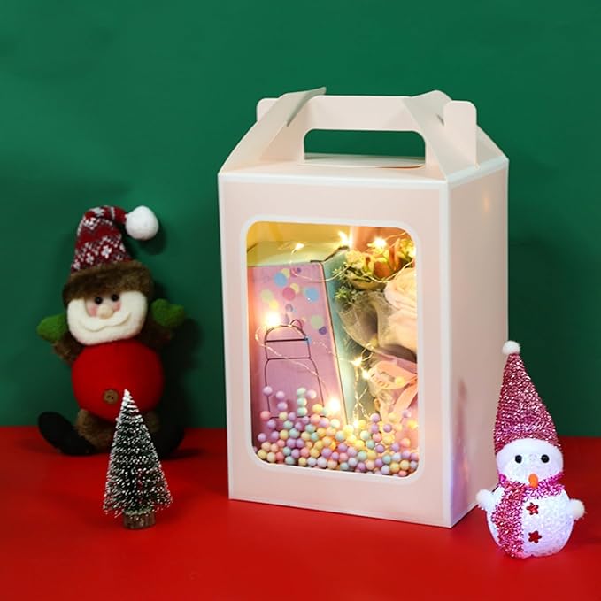 Enorteen 12 Pcs Clear Gift Bags with Transparent Window Gift Boxes Candy Boxes Tote Paper Bags Flower Boxes Bouquet Bags for Bridal Shower Present Festivals Party (Pink)