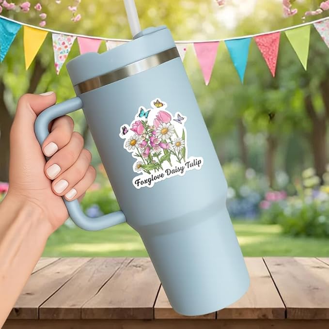 HANDICHI Design 5-Pack 2 Inch Foxglove Daisy Tulip Stickers – Floral Vinyl Decals, FDT Bumper Stickers, Waterproof Aesthetic Flower Sticker Pack for Laptops, Water Bottles, Journals