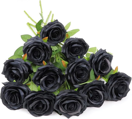 Artificial Rose Flower Black Flowers Black Roses Silk Flowers 12 pcs with Long Stem Silk Roses Bouquet for Wedding Bridal Shower Party Home Decoration