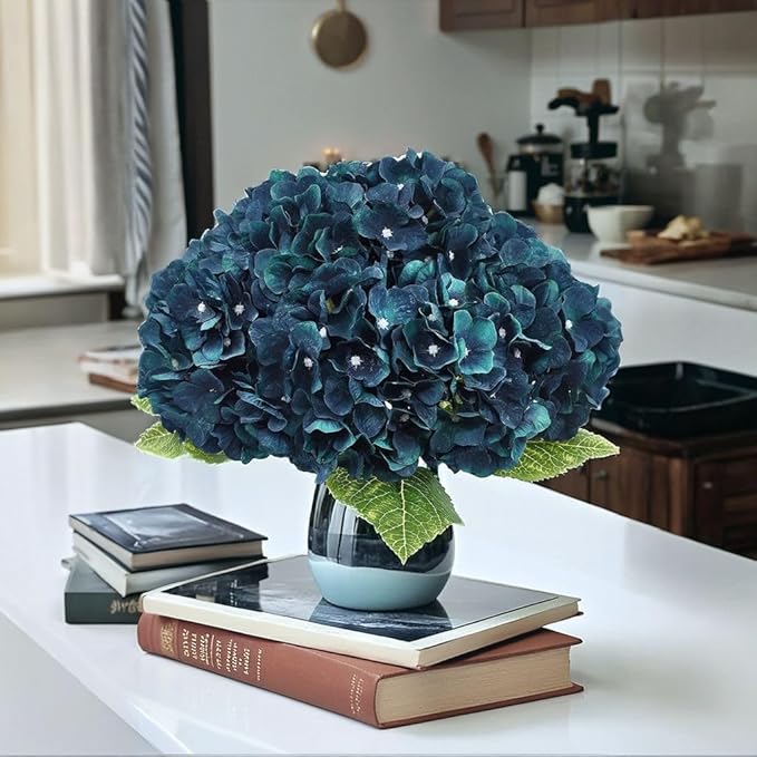 2Bouquets Artificial Fake Flowers Plants Silk Hydrangea Arrangements Wedding Bouquets Decorations Plastic Floral Home Kitchen Garden Party Festival Bar DIY((Dark Peacock Blue)