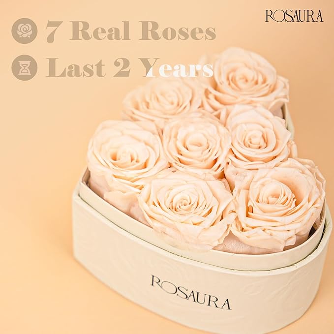 Rosaura Heart-Shaped Preserved Roses Gift Box - Real Forever Flowers for Birthday, Valentine's & Mother's Day (Champagne, 7 roses)