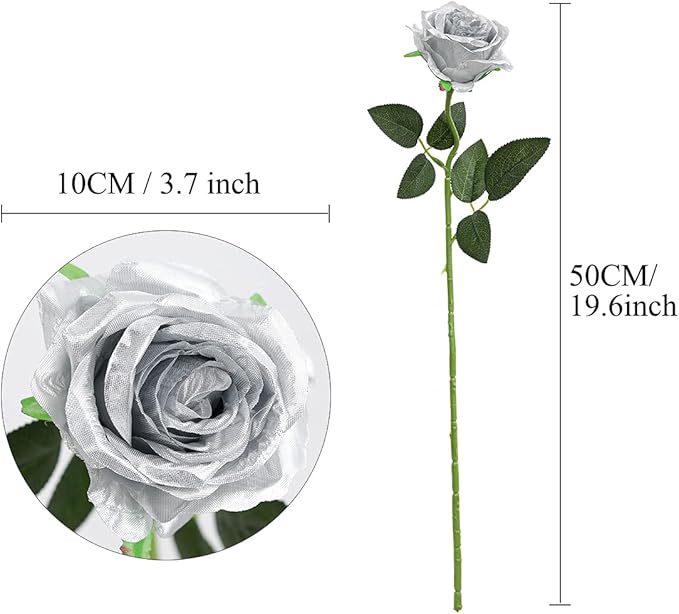 Nubry Artificial Silk Rose Flower Bouquet Lifelike Fake Rose for Wedding Home Party Decoration Event Gift 10pcs (Silver)