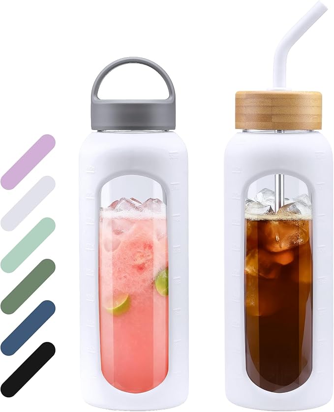 32 oz Glass Water Bottle, 1 Liter Glass Tumbler with Straw, Reusable Drinking Bottles with 2 Lids-Handle Lid&Bamboo Straw Lid, Silicone Sleeve, for Sports, Home,1 Pack-White