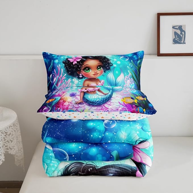 Cute Mermaid Comforter Set King Size,Reversible Cute Girl Fish Scale Print Black Bedding Set All Season Quilt Set,African Style Cartoon Fairy Tale Theme Microfiber Polyester Down Comforter