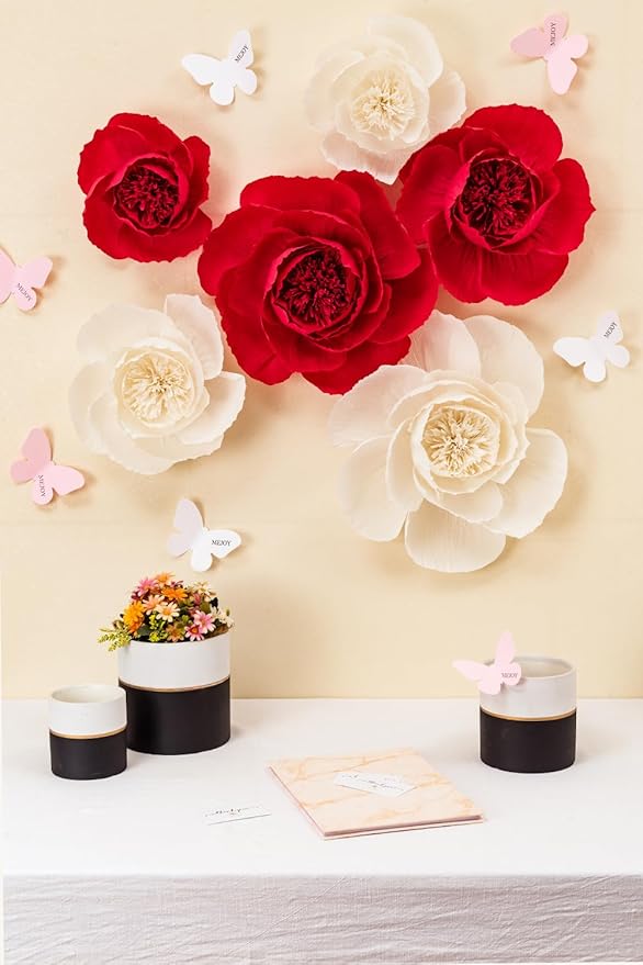 6 pcs 3D Paper Flower Decoration for Party, Wedding Decoration, Background Wall, Nursery Room Decoration, Bridal Shower, Baby Shower (Red,Set/6)